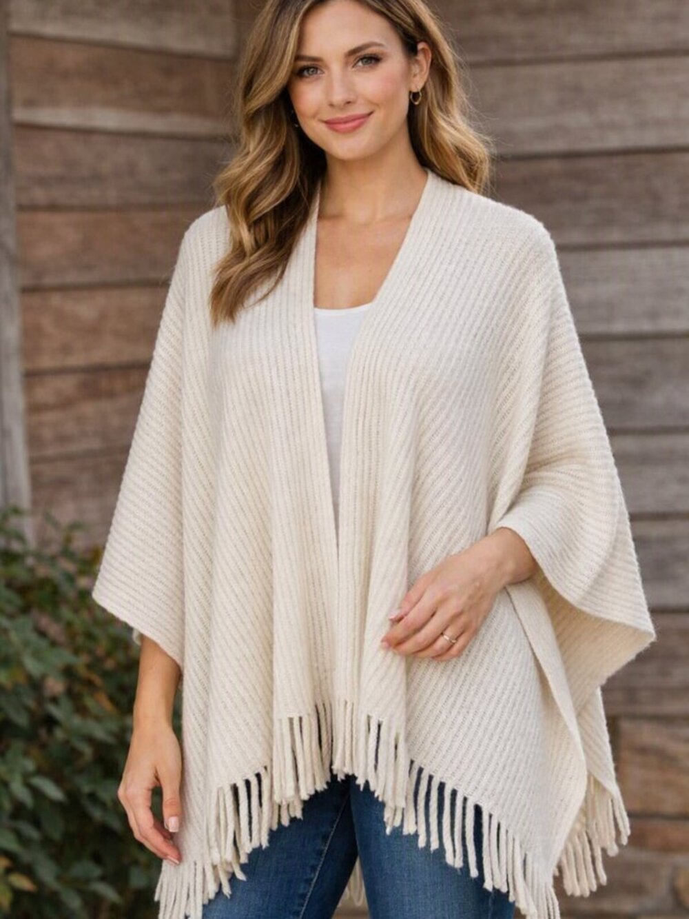 LOFT Cream Knit Fringe Poncho ONE SIZE Women’s NWOT